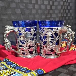Japanese Silver Plated Dragon Tankard Nude Handle w Cobalt Blue Glass Inserts